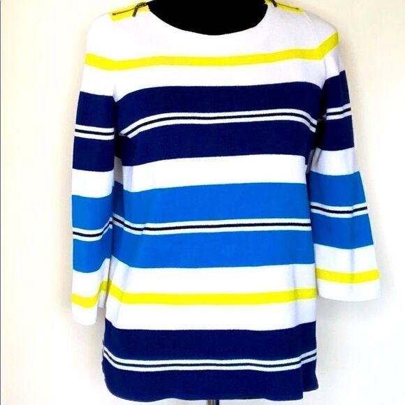 Ann Taylor LOFT 3/4 Sleeve Striped Sweater, White Blue Green - Picture 1 of 10